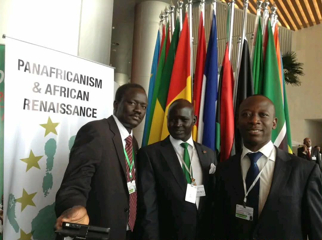Participants pictured beside a Pan-Africanism and African Renaissance banner and national flags.